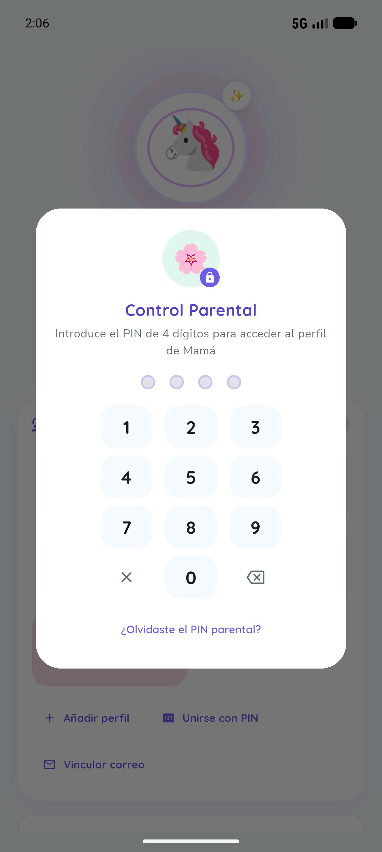 Diálogo de PIN Parental con Teclado Pastel